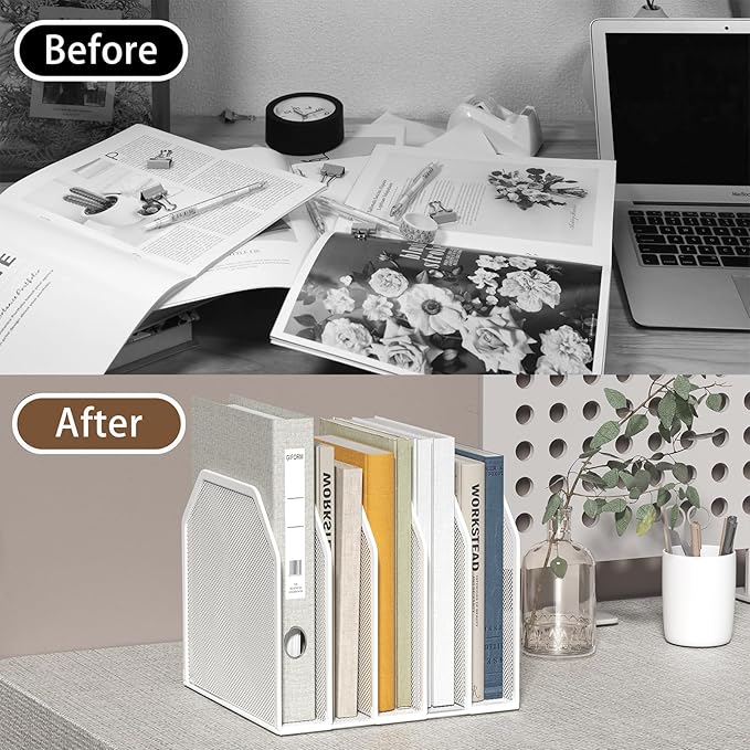 Vertical File Organizer for Desk - Metal Mesh File Holder with 5 Compartments, File Folder Rack & Document Storage Stand, File Sorter for Office/Home/School Use - 9.3" x 8.5" x 7.9"