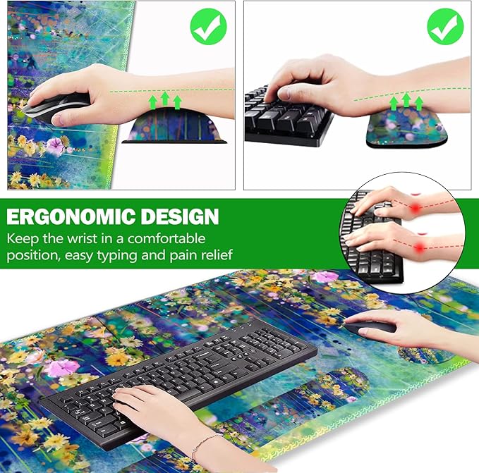 ARTSO Large Gaming Mouse Pad Set, Keyboard Wrist Rest Support + Mouse Wrist Cushion + Extended Mousepad + Coaster, 35x15.5in Multifunctional Desk Mat 4pcs, Oil Painting Flowers