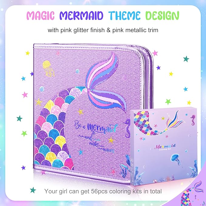 Mermaid Art Craft Kit for Kids, 56 Piece Set with Pencil Case, Markers, Crayons, Gel Pens, Erasers, Stencils, Ruler