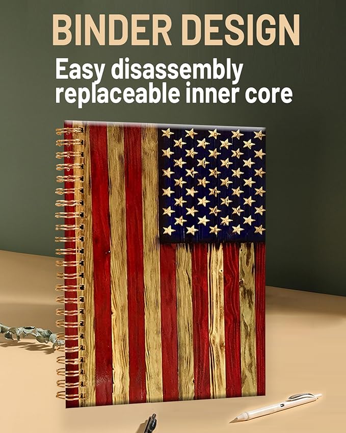 Spiral Journal Notebook for Women,A5 College Ruled Notebooks 6"x 8.4",120 Pages Lined Journal with Premium Thick Paper,Perfect for School Office Home Gifts(Wood American Flag)
