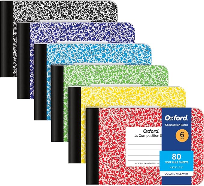 Oxford Composition Mini Notebooks, 6 Pack, Cover Colors Vary, Wide Ruled Paper, 4-7/8 x 7-1/2 Inch School Journals, Assorted Color Covers, 80 Sheets per Book (63779)