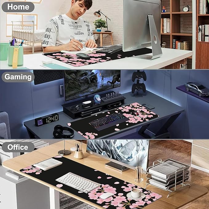Desk Pad, Pink Cherry Blossoms Extended Large Gaming Mouse Pad for Desk XXL, Large Desk Mat for Desktop with Non-Slip Rubber Base Stitched Edges for Computer Keyboard Home Office 35.4"X15.7"