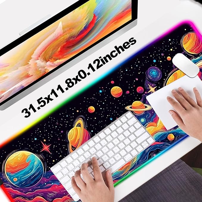 RGB Fantasy Space Planet Gaming Desk Mat, Computer Keyboard Large Extended Long Boy LED Mouse Pad for Office and Home, XL (W09)