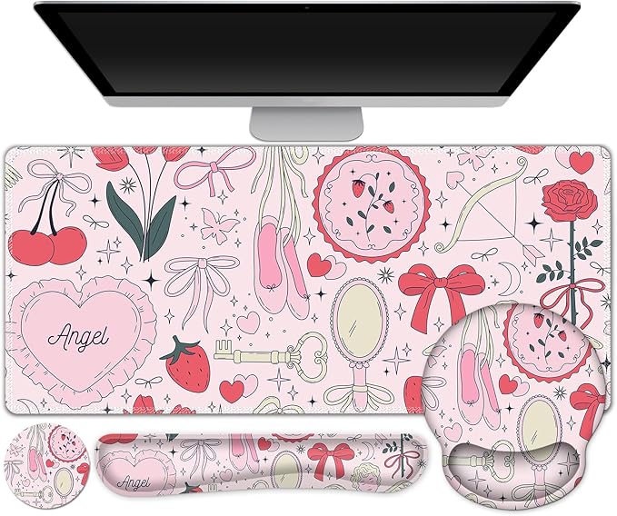 Gaming Mouse Pad, Large Desk Mat, Cute Desk Pad Protector, 4in1 XXL Mousepad + Keyboard Wrist Rest+Mouse Wrist Rest+Coaster Set with Ergonomic Desk Pad for Home Office Computer, Adorable Rose Bow