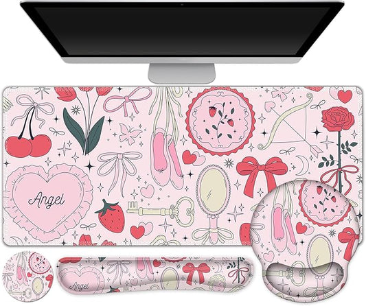 Gaming Mouse Pad, Large Desk Mat, Cute Desk Pad Protector, 4in1 XXL Mousepad + Keyboard Wrist Rest+Mouse Wrist Rest+Coaster Set with Ergonomic Desk Pad for Home Office Computer, Adorable Rose Bow