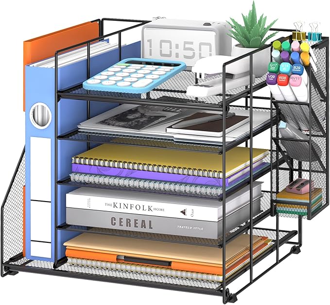 Desk Organizer with Magazine Holder, 5-Tier Paper Organizer for Desk with Pen Holder, Paper Letter Tray for Home, Office and School Supplies, Black