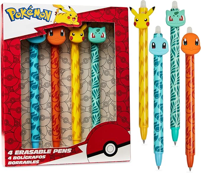 Pokemon Erasable Pens Set of 4 School Supplies Smooth Writing Retractable Pikachu Blue Gel Pens Ballpoint for Drawing Doodling Journaling Kawaii Anime Gifts