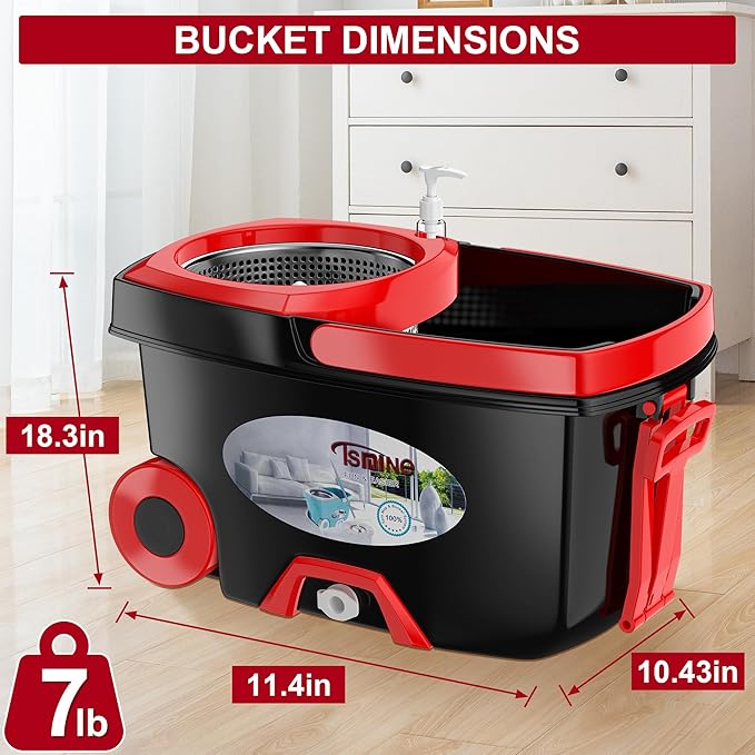 FunClean 360° Spin Mop and Bucket Set with Wringer, 6 Extra Microfiber Heads, 61" Extended Handle for Effortless Floor Cleaning, 2X Wheel Design - Black