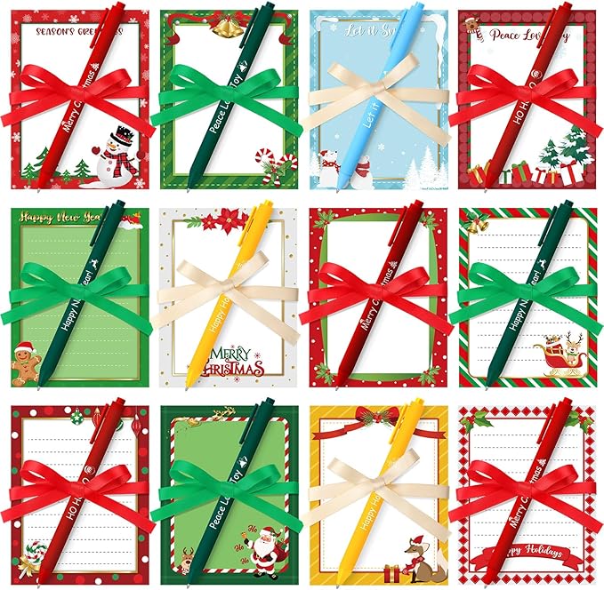 36 Pcs Christmas Sticky Notes with Pen and Ribbon Winter Theme Notepads Santa Snowman Gingerbread Christmas Self Adhesive Memo Pads for Xmas Holiday School Office Home Supplies