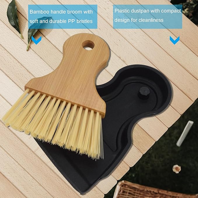 BSMstone Mini Broom and Dustpan Set Portable Hand Broom with Bamboo Handle Small Crumb Sweeper for Home, Bathroom, Kitchen, Car Interior, Office, Pet Areas (Black)