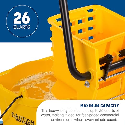 Carlisle FoodService Products 26-Quart Commercial Mop Bucket with Side-Press Wringer, Precision-Molded Polypropylene, Durable Wringer, Bucket with Non-Marking Casters, 18.5 x 16.5 x 23 Inches, Green