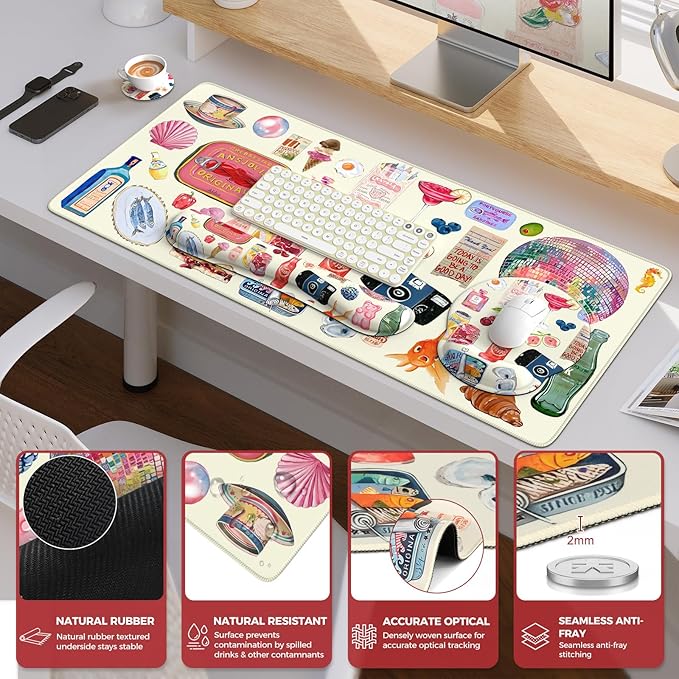 iCasso Desk Pad Mat, Large Mouse Pad and Keyboard Wrist Rest Set, Desk Protector Mat,4in1 Ergonomic Carpal Tunnel Keyboard Pad with Wrist Support for Desktop Home Office Computer (Watercolor Stickers)