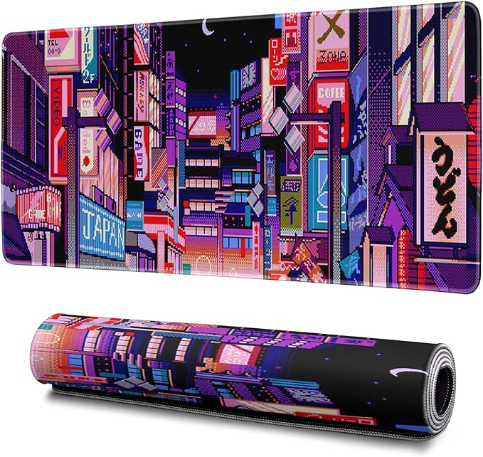 Dark Purple Japanese Gaming Mouse Pad Abstract Anime Mat 31.5x11.8 Inch Tokyo Pixel Street Texture Non-Slip Rubber Base Kawaii Mousepad Stitched Edges Keyboard Desk Pad for Office and Home Game