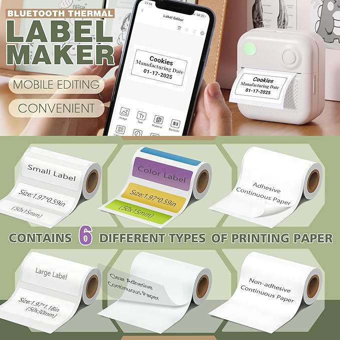 Label Maker Machine with 6 Waterproof Tapes, Thermal Label Maker, Portable Mini Bluetooth Label Printer with Clear Tape for Home, Kitchen, School, Office Organization