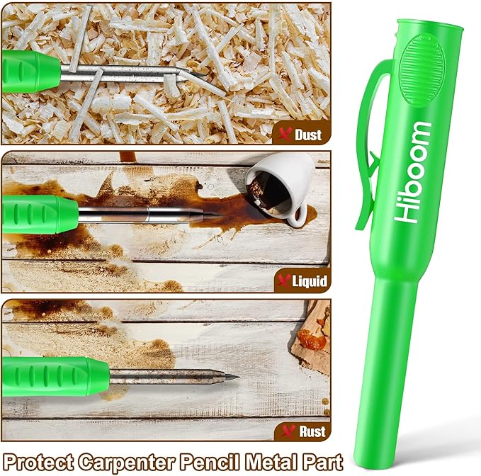 Hiboom 2 Pack Solid Carpenter Pencils with Pencil Cap and 18 Refills, Long Nose Deep Hole Mechanical Pencil Marker, Scribe Tool with Built-in Sharpener for Construction Woodworking Architect (Green)
