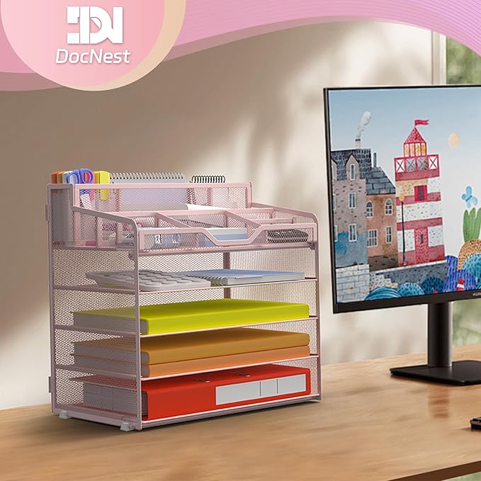 Docnest 5 Tier Mesh Desk Organizer for Paper Office Supplies – Multi-Functional Letter Tray with 5 Adjustable Compartments, 3 Pen Holders, Desktop Storage for Files, Mail, Stationery – Pink