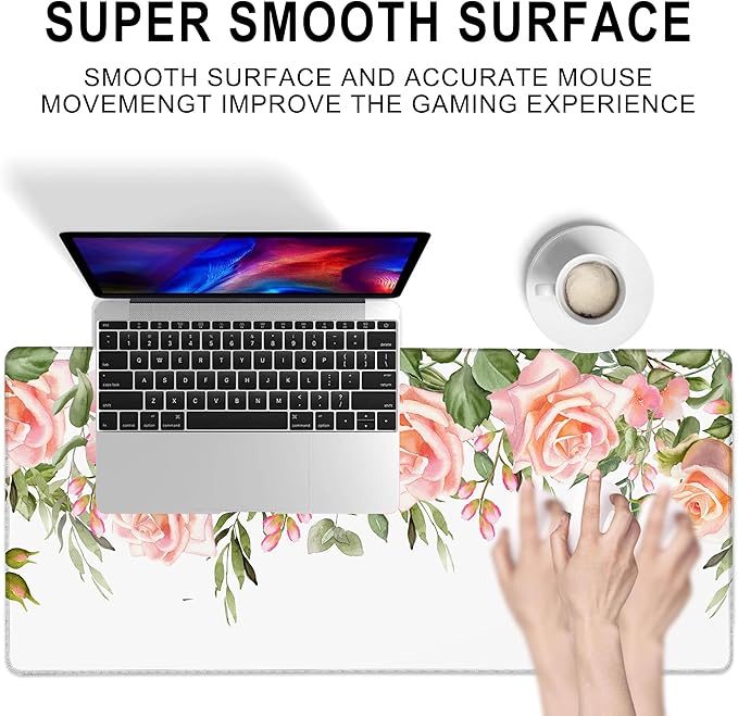 Gaming Mouse Pad, Watercolor Rose Flower Floral Large Desk Mat for Keyboard and Mouse,Non-Slip Rubber Base and Stitched Edges Desk Pad for Home Office 35.4x15.7in