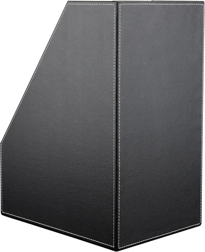 KINGFOM Wooden Leatherette Desktop File Folder Organizer and Document File Stand Journals Magazine Rack 2 Slots (black)