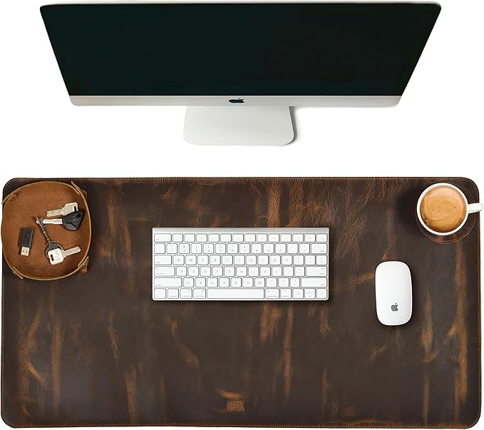 LEATHER VILLAGE -32X16 Real Leather Desk Mat for Desktop & Laptop, with Leather Tray & Tea Coaster, 3mm Thick Desk Cover-Protector-Blotter- Brown Color