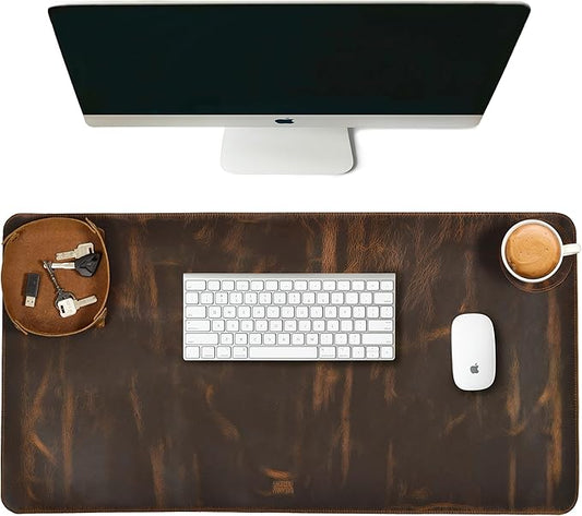 LEATHER VILLAGE -32X16 Real Leather Desk Mat for Desktop & Laptop, with Leather Tray & Tea Coaster, 3mm Thick Desk Cover-Protector-Blotter- Brown Color