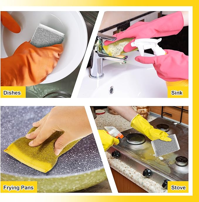 Thyle 24 Pack Steel Scrub Sponges for Dishes Non Scratch Scouring Sponge Multi Use Metal Scrubber Heavy Duty Dish Wash Kitchen Sponge for Pot Dish Washing Hard Surface Cleaning Tools (Gray,Yellow)