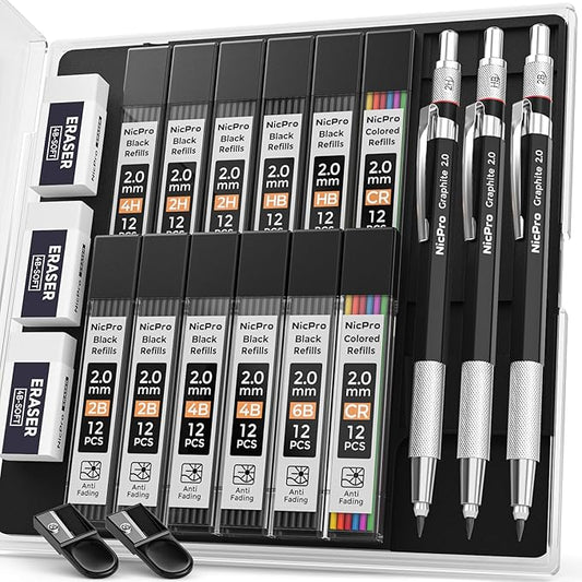 Nicpro 2mm Metal Mechanical Pencil Set with Case, 3PCS Lead Pencil Holder 2.0 mm with 144PCS Lead Refills (4H 2H HB 2B 4B 6B Color), Eraser, Sharpener for Drafting Writing Drawing Sketching