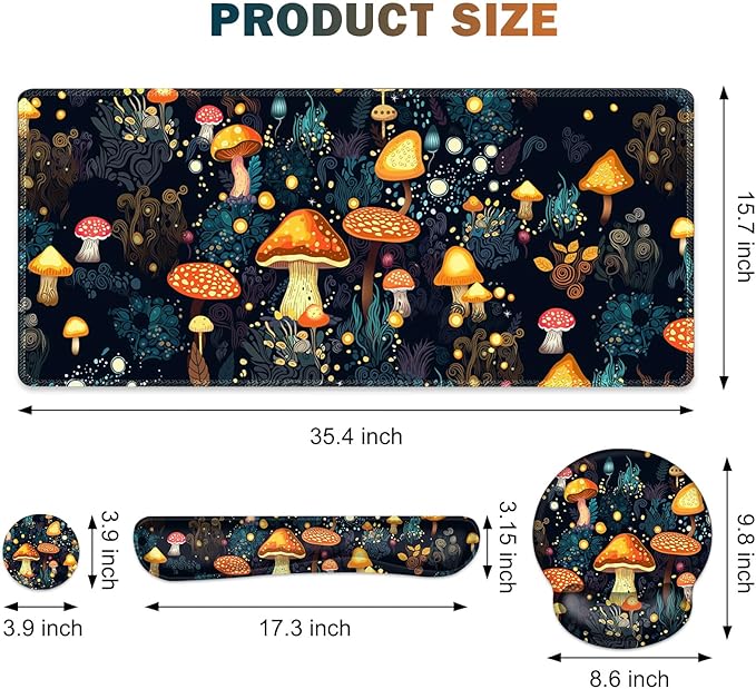 Gaming Mouse Pad, Large Desk Mat, Cute Desk Pad Protector, 4in1 XXL Mousepad + Keyboard Wrist Rest+Mouse Wrist Rest+Coaster Set with Ergonomic Desk Pad for Home Office Table Computer, Lovely Mushroom