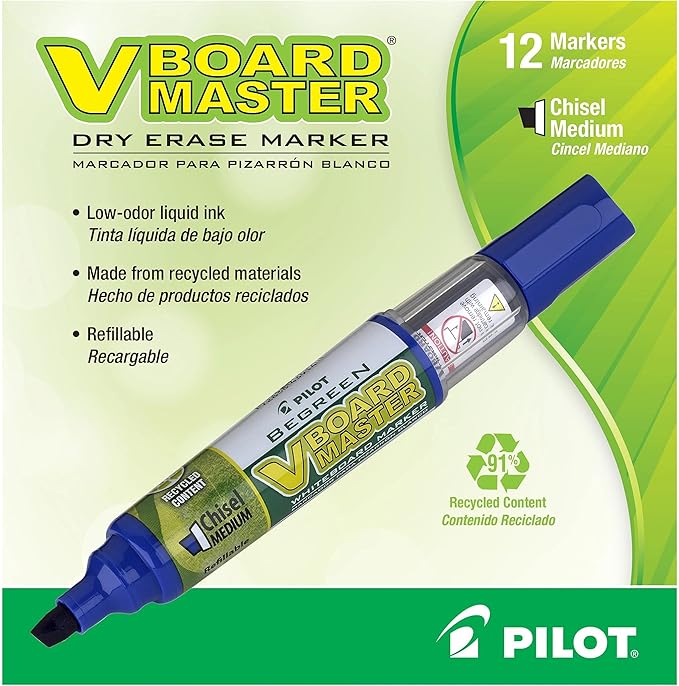 PILOT V Board Master BeGreen Refillable Dry-Erase Markers, Chisel Tip, Blue Ink, 12 Count