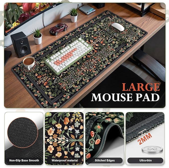 iCasso Mouse Pad with Wrist Rest,Large Desk Mat Set,Ergonomic Keyboard Pad with Wrist Support,Non-Slip Mouse Mat for Women,Cute Floral Computer Mat for Home Office Gaming (Black)