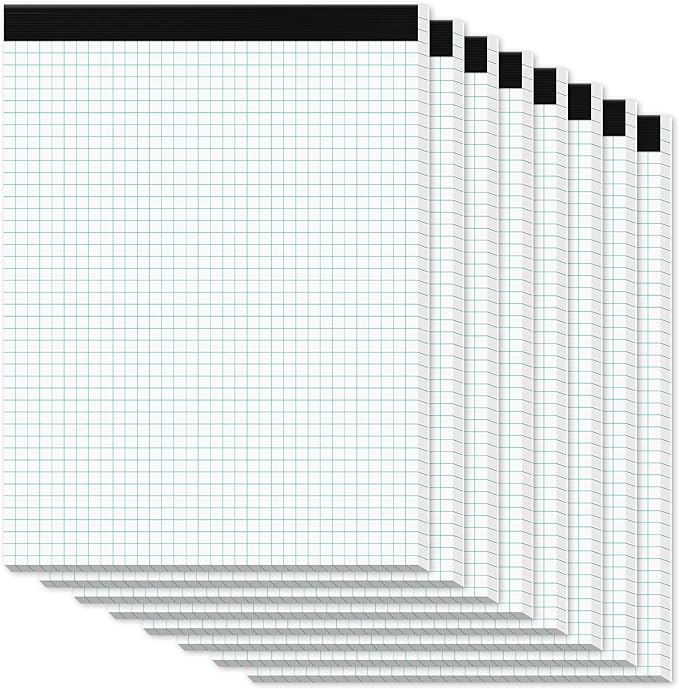 Graph Paper Pads 8.5 x 11, 8 Pack, 4x4 Quad Grid Paper Pad 8-1/2" x 11", White Quadrille Pad, Easy Tears Off Design, Grid Notebook 8-1/2 x 11, White 70 GSM Graft Paper, 30 Sheets/Pad