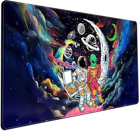 Funny Space Mouse Pad Desk Mat Astronaut Alien Large Gaming Mouse Pads Anime Desk Pad Mousepad XXL Cool Trippy Universe Extended Keyboard Mat with Stitched Edges Anti-Slip, 31.5 X 15.8 in