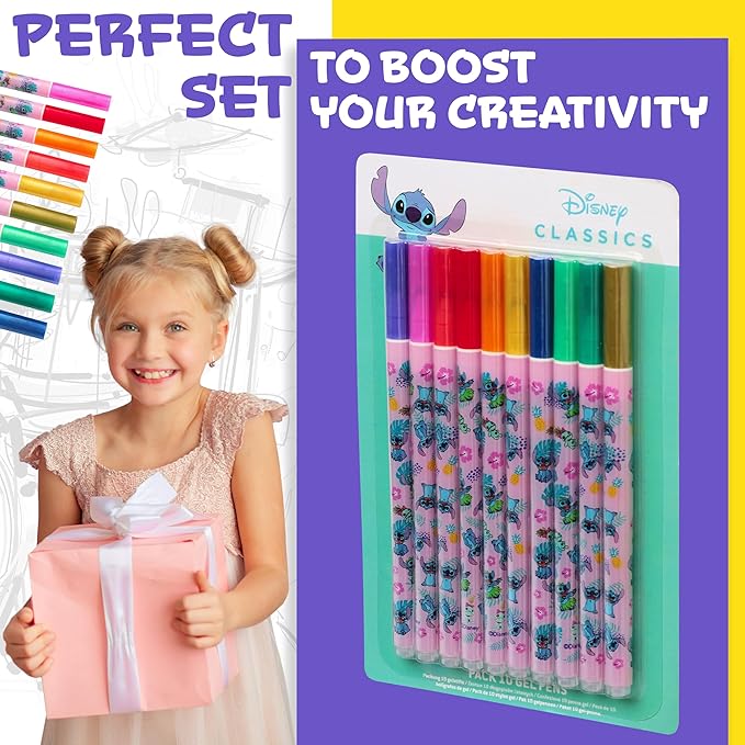 Disney Metallic Gel Pens for Kids, Colored Pens Pack of 10 School Supplies - Kids Gifts (Multi Stitch)