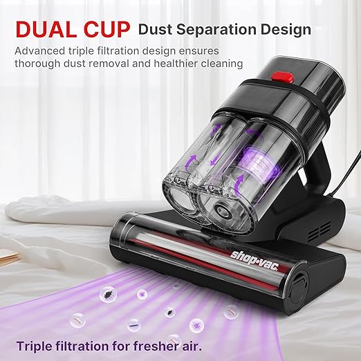 Shop-Vac Mattress Vacuum Cleaner, 14KPa Powerful Bed Vacuum with 253.7nm UV-C Light, 36960 RPM/Min Tapping, HEPA Filter & Ultrasonic, Dual Cup Filtration, for Bed, Sofa, Couch, 400W, 15.4 ft Corded