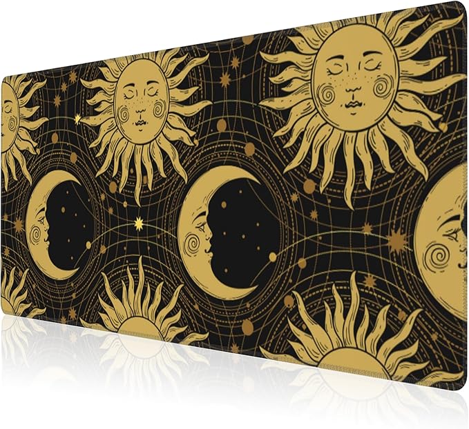 Mouse Pad, Large Golden Sun and Crescent Desk Mat, Extended Non-Slip Gaming Keyboard Mousepad Desk Pad, Thick Stitched Edges Waterproof Mouse Mat 31.5"x15.7" (Sun and Moon)