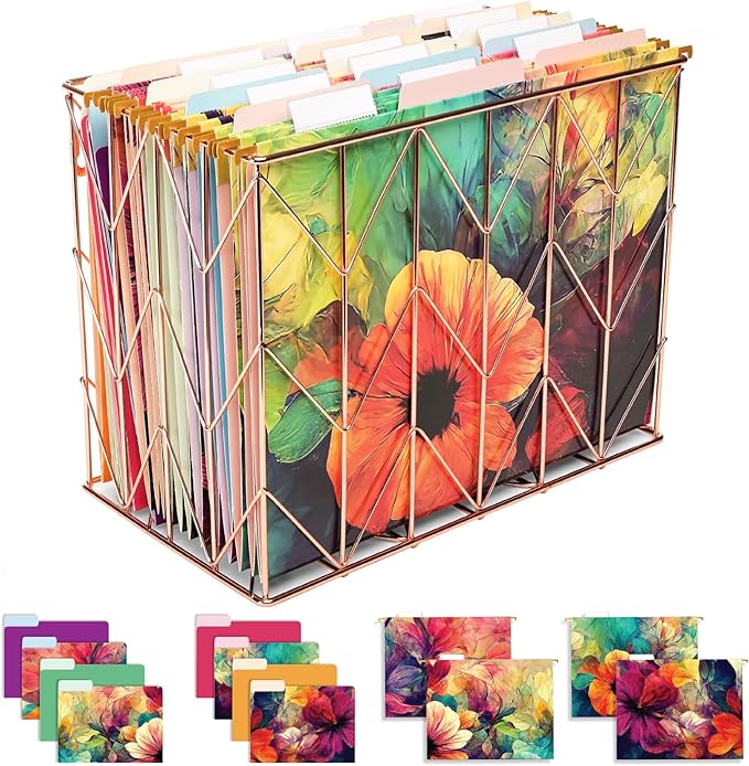 Global Printed Products Deluxe Designer Hanging File Folder Kit, Includes Metal Hanging Basket, 12 Hanging Folders, 24 File Folders, 1/3 Cut Tab, Assorted Positions, Letter Size (Abstract Floral)