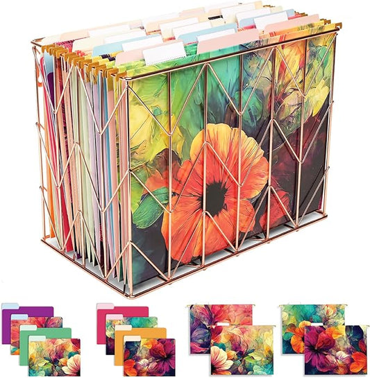 Global Printed Products Deluxe Designer Hanging File Folder Kit, Includes Metal Hanging Basket, 12 Hanging Folders, 24 File Folders, 1/3 Cut Tab, Assorted Positions, Letter Size (Abstract Floral)