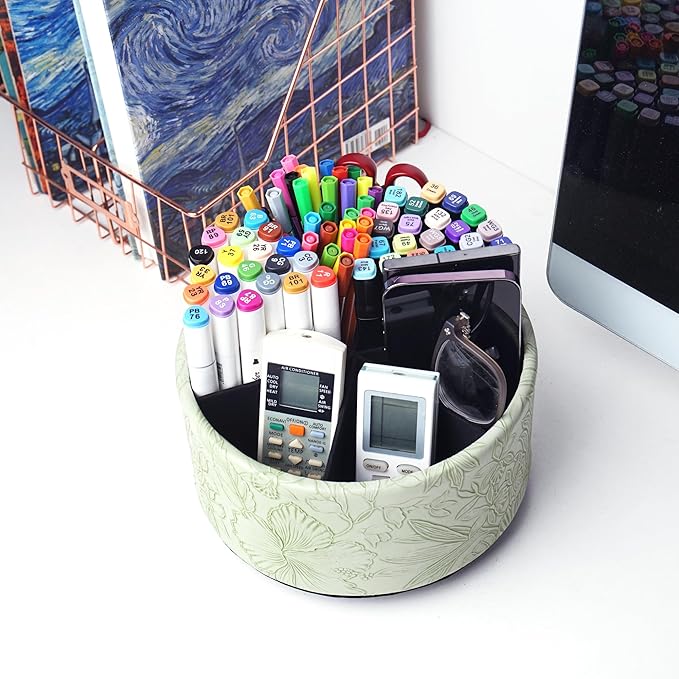 Hennaja Remote Control Holder, 360°Spinning PU Leather Desk TV Remote Caddy,Desk Storage Box Room Accessories for Controller, Media,Mail,Calculator, Mobile Phone,Pencil(1-Carved Green1)