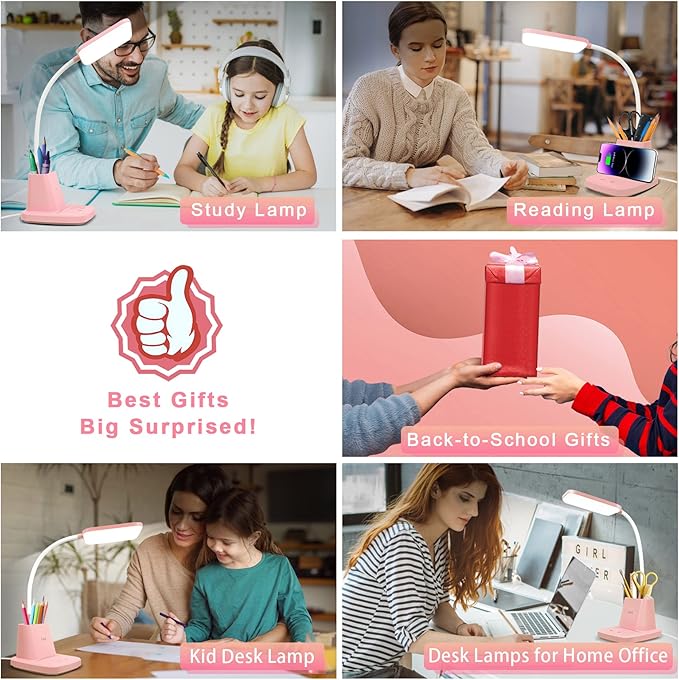 Sailstar Pink Desk Lamp, Small Desk Lamp with Pen Holder, Wireless Charger LED Desk Lamps for Home Office, Kids Desk Lamps 800LM Gooseneck 3 Modes Dimmable Touch, Study Lamps for College Dorm Room