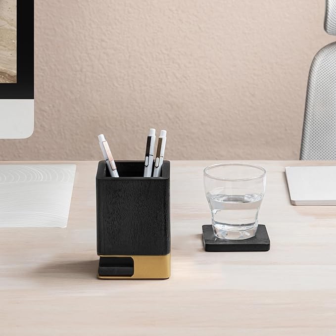 Anji Mountain Mango Wood Pen Holder with 2 Coasters, Stained Wood & Powder Coated Metal Pen Holder, Sustainable Room Decor Desk Organizer, Stylish Designer Pencil Case for Office Supplies