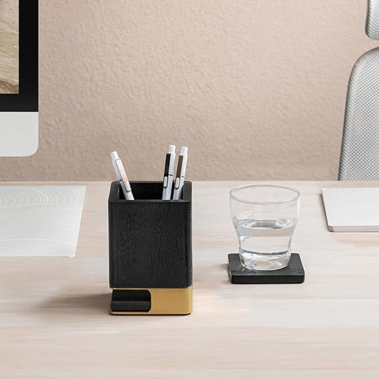 Anji Mountain Mango Wood Pen Holder with 2 Coasters, Stained Wood & Powder Coated Metal Pen Holder, Sustainable Room Decor Desk Organizer, Stylish Designer Pencil Case for Office Supplies