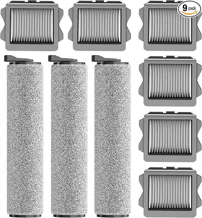 Vacuum Mop Replacement Parts Compatible with Tineco Roller Brush Replacement, Suitable with Ifloor 3 Series, Floor One S3 Series, Ifloor 5 Breeze Cleaner, Set Includes 3 Roller Brushes and 6 Filters