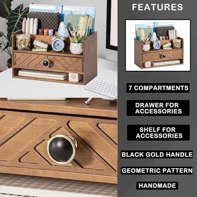 Brown Wood Desk Organizer and Accessories with Drawer, Bill Mail Organizer and File Mail Holder for Office Supplies, Desk Accessories & Workspace Organizers
