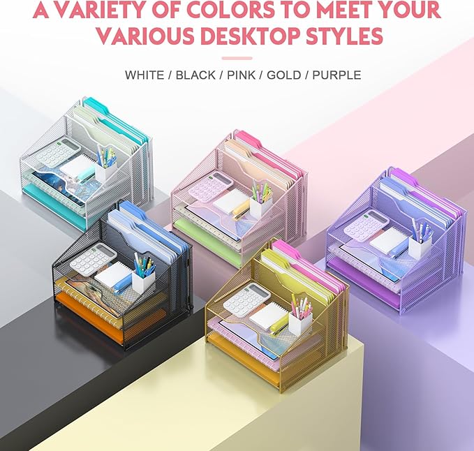 samstar Pink Desk File Organizer, Mesh Letter File Folder Holder with 3 Paper Trays and 2 Vertical Upright Section, for Office Supplies, Desk Accessories & Workspace, Pink