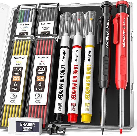 Nicpro 2 Pack CP1000 Carpenter Pencil with Sharpener, Mechanical Carpenter Pencils with 26 Refills, Deep Hole Long Nib Marker Pens for Construction, Heavy Duty Woodworking Pencil for Architect Marking