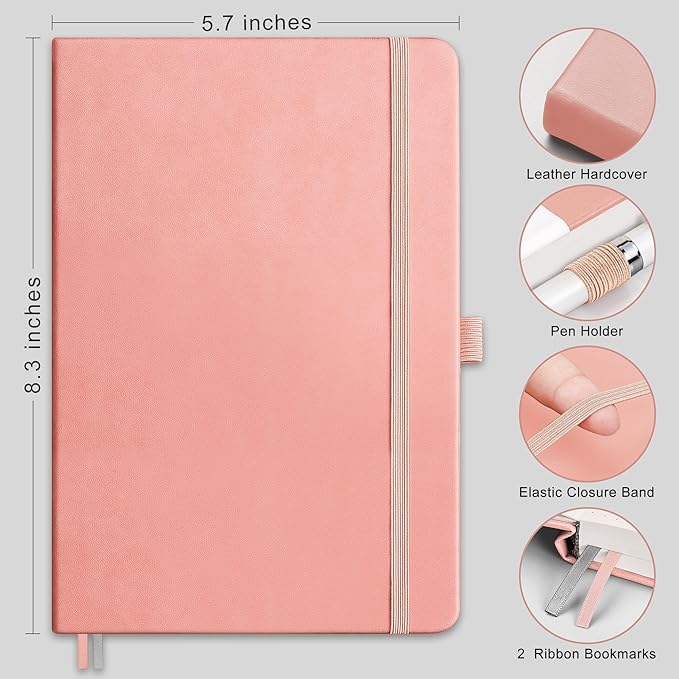 RETTACY Bullet Dotted Journal Notebook, 192 Pages, A5 Medium Size (5.7'' x 8.3''), Leather Hardcover, 100 GSM Thick Paper, for Bullet Journaling, Planning, Tracking (Pink)