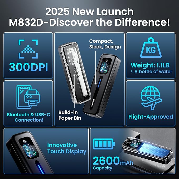 Phomemo Upgraded Portable Printer with Touchscreen, M832D Bluetooth Wireless Thermal Inkless Printer, Supports 8.5"x11" US Letter & A4, Compatible with iOS, Android, PC for Travel, Black