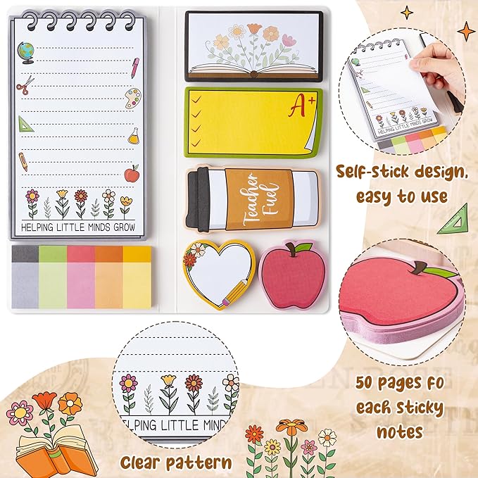 Xqumoi Retro Wildflowers Teachers Sticky Notes Set - Teacher Plant Seeds Self-Stick Note Pads Teacher Appreciation Notepads Writing Memo Pad Page Marker Back to School Office Supplies Thank You Gift