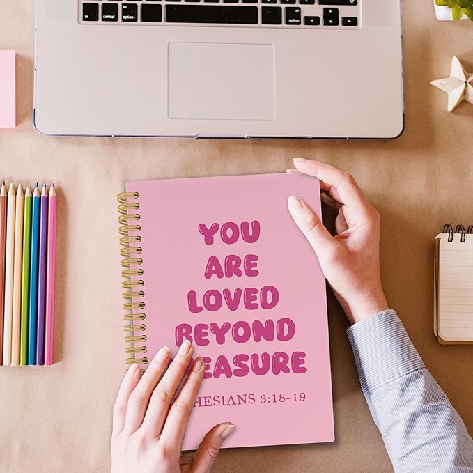 Pink Christian Spiral Notebook, Inspirational Religious Journaling Notebooks for Office School, Preppy Girly Hardcover Journals Gifts for Teen Girls Women Kids, 160 Pages 5.5 x 8.3 Inch
