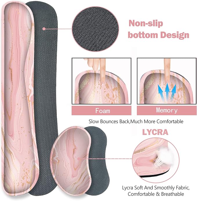 ARTSO Extended Gaming Mouse Pad Set, Keyboard Wrist Rest Support Pad + Wrist Cushion + XXL Large Mouse Pad + Coaster, Stitched Edge, Non-Slip, Memory Foam Desk Mat, Pink Gold Marble