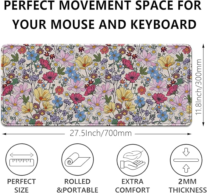 Colorful Flowers Mouse Pad,Large Floral Mousepad Desk Pad with Stitched Edges,Non-Slip Waterproof Rubber Base Mouse Mat for Office Computer Keyboard Laptop Home(27.5x11.8 in)